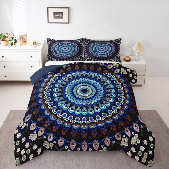 Homewish Boho Peacock Mandala Queen Comforter Set,Retro Floral Comforter Sets Queen,Navy White,Navy Blue Reversible,3 Pieces,1 Comforter and 2 Pillowcases
