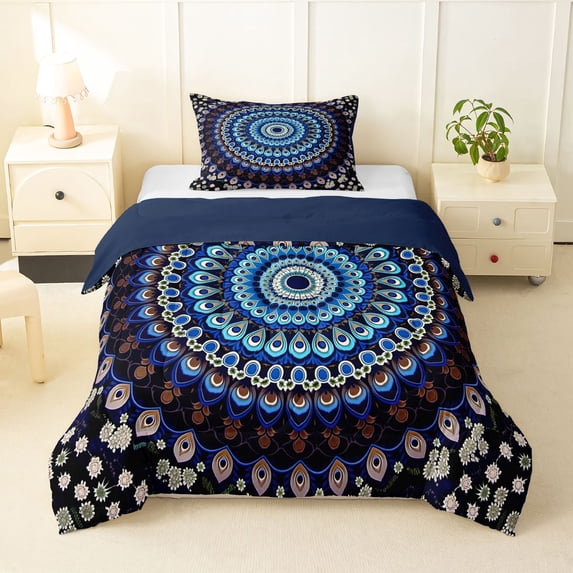 Homewish Boho Peacock Mandala Twin Comforter Sets,Retro Floral Bedding Set,Navy White,Navy Blue Reversible,2pcs,1 Comforter and 1 Pillowcase