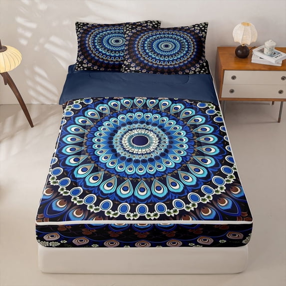 Homewish Boho Peacock Mandala Zipper Twin Comforter Sets with Fitted Sheet and 2 Pillowcases,Retro Floral Zipper Bedding Set,Navy White,Navy Blue Reversible,4pcs