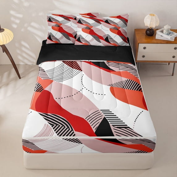 Homewish Boho Red Gradient Zipper Twin Comforter Sets with Fitted Sheet and 2 Pillowcases,Aesthetic Lines Zipper Bedding Set,Black Reversible,4pcs