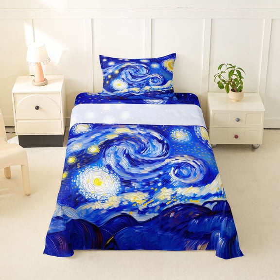 Homewish Boho Spiral Stars Twin Sheets,Navy Starry Night Bedding,Navy Yellow,3pcs,1 Fitted Sheet and 1 Pillowcase