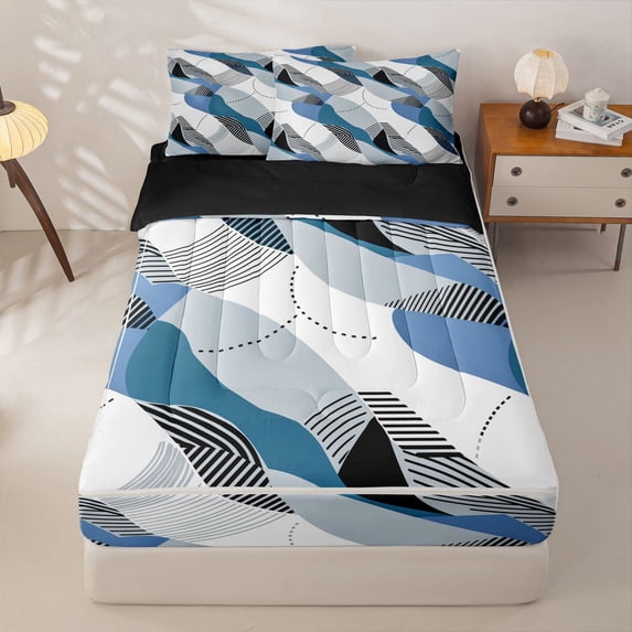 Homewish Boho Spiral Swirl Zipper Twin Comforter Sets with Fitted Sheet and 2 Pillowcases,Abstract Geometric Zipper Bedding Set,Navy,Black Reversible,4pcs