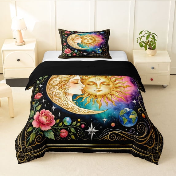 Homewish Boho Sun Moon Twin Comforter Sets,Pink Purple Teal Gradient Galaxy Bedding Set,Black Reversible,2 Pieces,1 Comforter and 1 Pillowcase