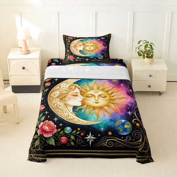 Homewish Boho Sun Moon Twin Sheets,Pink Purple Teal Gradient Galaxy Bedding,3 Pieces,1 Fitted Sheet and 1 Pillowcase