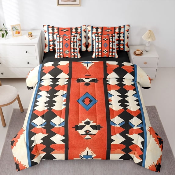 Homewish Boho Tribal Print 7-Piece King Bedding,Rhombus Stripe King Bed in a Bag,Orange,Black Reversible