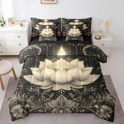 Homewish Boho White Lotus Flower 7-Piece Twin Bedding,Baroque Floral Bedding Comforter Set,Black White,Black Reversible