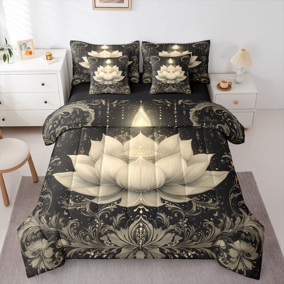Homewish Boho White Lotus Flower 7pcs Queen Bedding,Baroque Floral Bedding Comforter Set Queen,Black White,Black Reversible