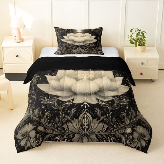 Homewish Boho White Lotus Flower Twin Comforter Sets,Baroque Floral Bedding Set,Black White,Black Reversible,2-Piece,1 Comforter and 1 Pillowcase