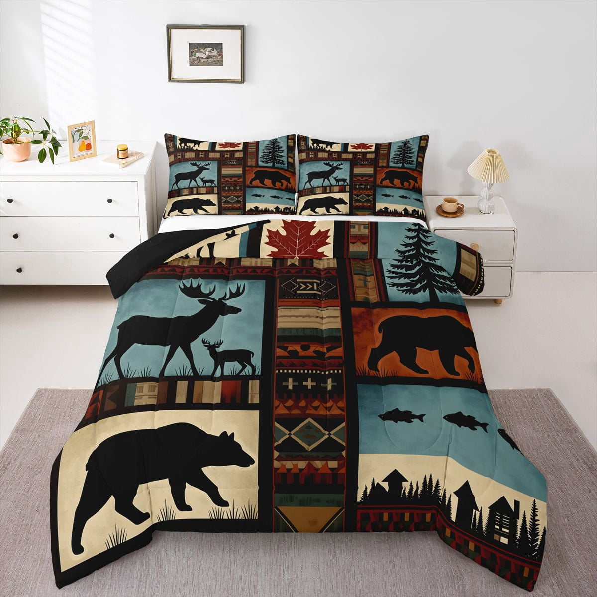 Blue Postic Note Homewish Boho Wildlife Patchwork Full Size Comforter Sets,Rustic ...