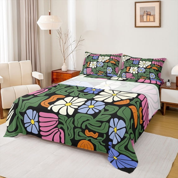 Homewish Colorful Boho Floral Bed Sheets,Vintage Daisy Flowers Full Size Sheets,4-Piece,1 Flat Sheet, 1 Fitted Sheet and 2 Pillowcases