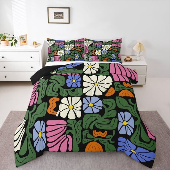 Homewish Colorful Boho Floral Full Size Comforter Sets,Vintage Daisy Flowers Bedding Comforter Set,Black Reversible,3-Piece,1 Comforter and 2 Pillowcases