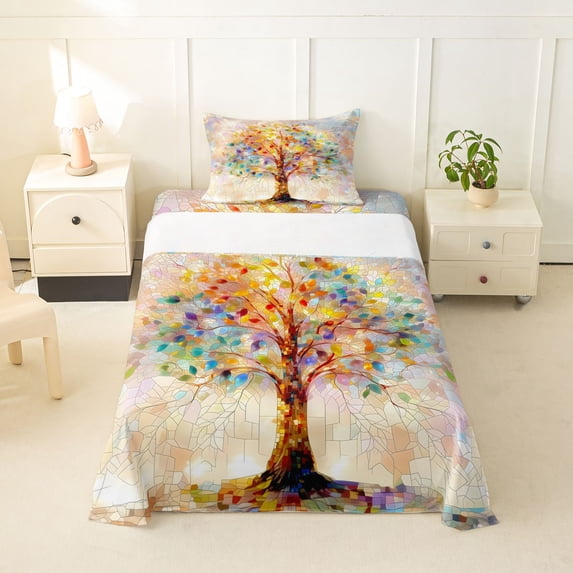 Homewish Colorful Gradient Life Tree Twin Sheets,Dreamy Bohemian Bedding,3pcs,1 Fitted Sheet and 1 Pillowcase