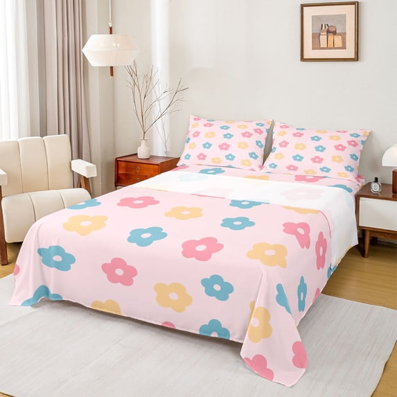 Homewish Colorful Kawaii Floral Queen Sheets,Cute Flowers Queen Sheet Sets,Pink,4pcs,1 Flat Sheet, 1 Fitted Sheet and 2 Pillowcases