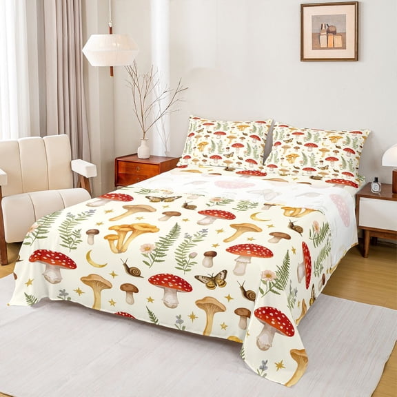 Homewish Cream Boho Mushrooms Queen Sheets,Butterfly Plant Queen Sheet Sets,4 Pieces,1 Flat Sheet, 1 Fitted Sheet and 2 Pillowcases