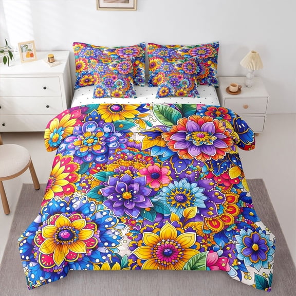 Homewish Dreamy Bohemian Flowers 7-Piece Twin Bedding,Vintage Boho Print Bedding Comforter Set,Multicolor,Reversible