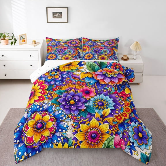 Homewish Dreamy Bohemian Flowers Queen Comforter Set,Vintage Boho Print Comforter Sets Queen,Multicolor,Reversible,3-Piece,1 Comforter and 2 Pillowcases