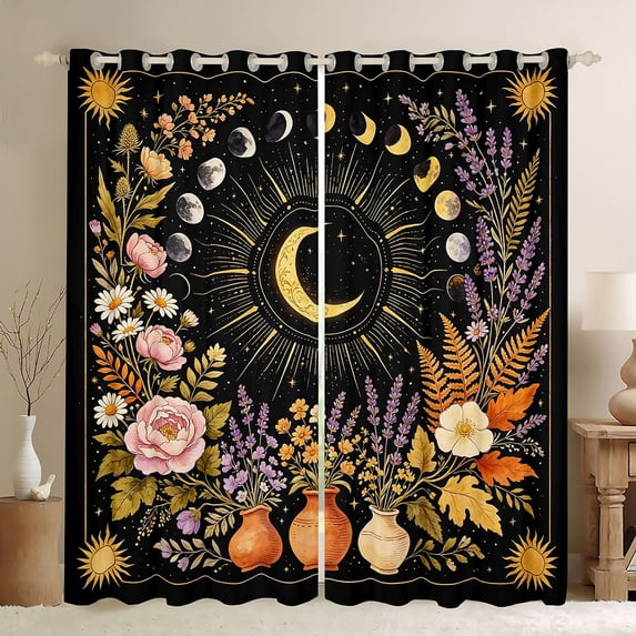 Homewish Dreamy Bohemian Moon Kitchen Curtains,Roses Lavender Daisies Floral Black Out Curtains Pack of 2 (42x63 Each)