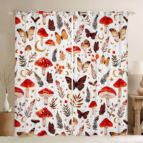 Homewish Dreamy Boho Mushrooms Kitchen Curtains,Butterfly Floral Black Out Curtains Pack of 2 (42x63 Each),White Red