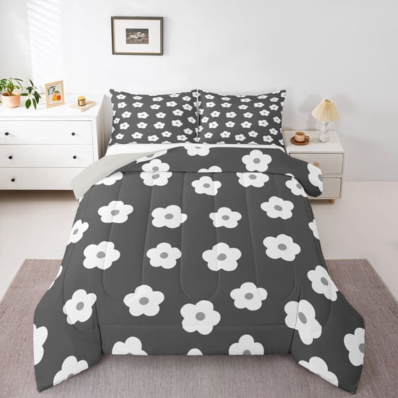 Homewish Dreamy Flowers Print Queen Comforter Set,Cute Cartoon Floral Comforter Sets Queen,Gray White,Light Gray Reversible,3-Piece,1 Comforter and 2 Pillowcases