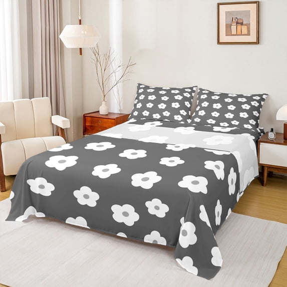 Homewish Dreamy Flowers Print Queen Sheets,Cute Cartoon Floral Queen Sheet Sets,Gray White,4-Piece,1 Flat Sheet, 1 Fitted Sheet and 2 Pillowcases