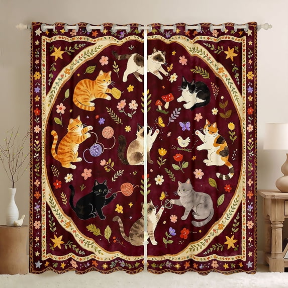 Homewish Funny Cats Animals Blackout Curtains,Vintage Bohemian Floral Curtains Pack of 2 (42x84 Each),Wine Red