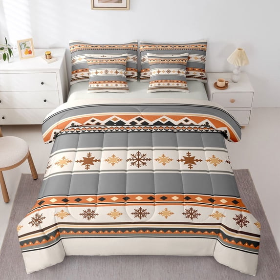Homewish Gray Vintage Boho 7 Pieces Full Size Bedding Sets,Minimalist Geometric Full Size Bed in a Bag,Light Gray Reversible