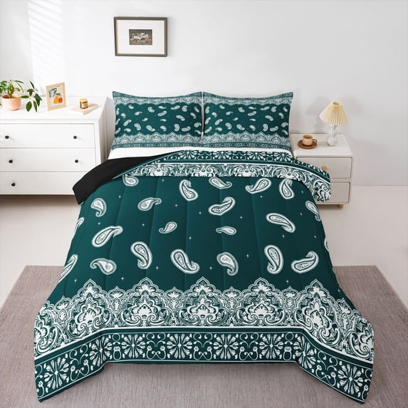 Homewish Green Boho Queen Comforter Set,Rustic Paisley Pattern Comforter Sets Queen,Black Reversible,3pcs,1 Comforter and 2 Pillowcases