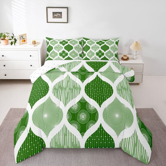 Homewish Green Boho Stripes Queen Comforter Set,Modern Geometric Comforter Sets Queen,Reversible,3 Pieces,1 Comforter and 2 Pillowcases