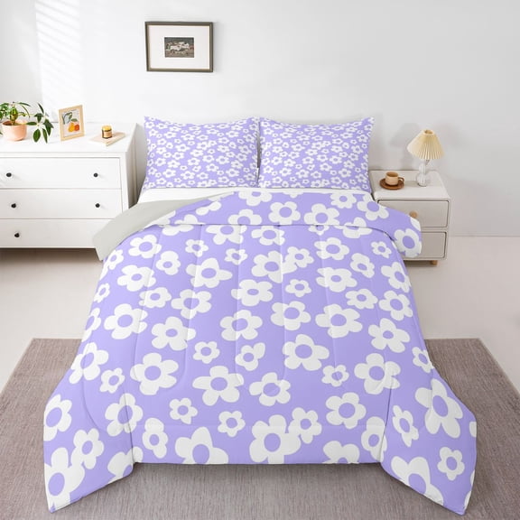Homewish Kawaii Flowers Queen Comforter Set,Romantic Floral Print Comforter Sets Queen,Purple,Light Gray Reversible,3-Piece,1 Comforter and 2 Pillowcases