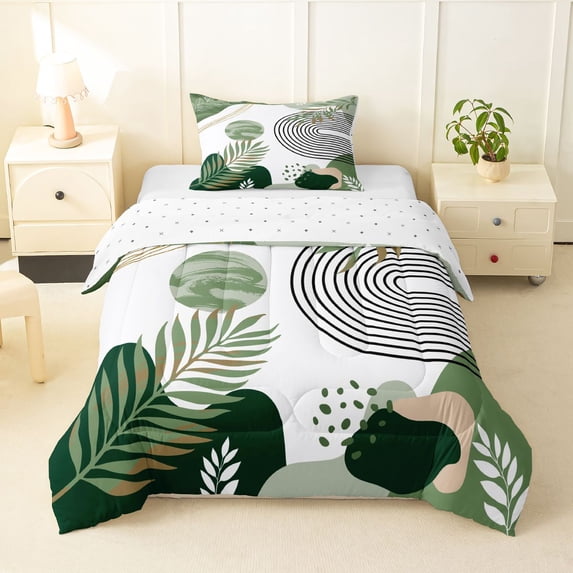 Homewish Mid-Century Plants Twin Comforter Sets,Boho Lines Artwork Bedding Set,White Green,Reversible,2-Piece,1 Comforter and 1 Pillowcase