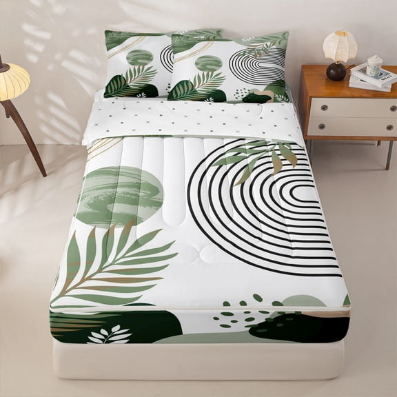 Homewish Mid-Century Plants Zipper Twin Comforter Sets with Fitted Sheet and 2 Pillowcases,Boho Lines Artwork Zipper Bedding Set,White Green,Reversible,4pcs