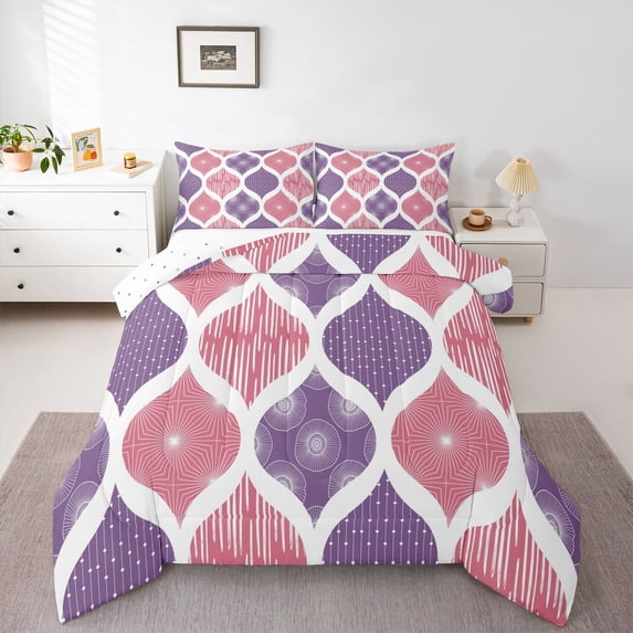 Homewish Minimalist Stripes Queen Comforter Set,Vintage Bohemian Comforter Sets Queen,Pink Purple,Reversible,3pcs,1 Comforter and 2 Pillowcases