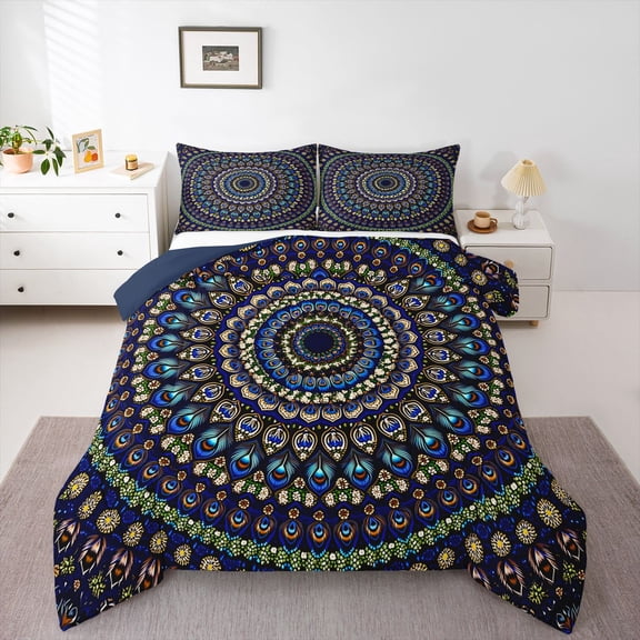 Homewish Mystical Peacock Mandala Queen Comforter Set,Bohemian Exotic Style Comforter Sets Queen,Navy Green,Navy Blue Reversible,3pcs,1 Comforter and 2 Pillowcases