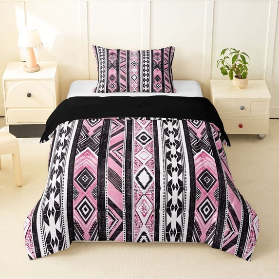 Homewish Pink Bohemian Stripes Twin Comforter Sets,Boho Tribal Themed Bedding Set,Black Reversible,2 Pieces,1 Comforter and 1 Pillowcase