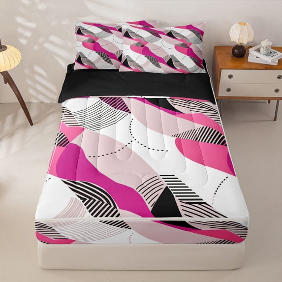 Homewish Pink Boho Swirl Zipper Full Size Comforter Sets with Fitted Sheet and 2 Pillowcases,Aesthetic Artwork Zipper Bedding Set,Black Reversible,4pcs