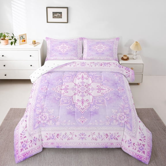 Homewish Purple Boho Mandala Floral Queen Comforter Set,Dreamy Bohemian Comforter Sets Queen,Reversible,3-Piece,1 Comforter and 2 Pillowcases