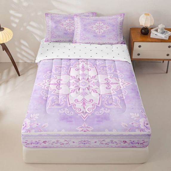 Homewish Purple Boho Mandala Floral Zipper Twin Comforter Sets with Fitted Sheet and 2 Pillowcases,Dreamy Bohemian Zipper Bedding Set,Reversible,4pcs