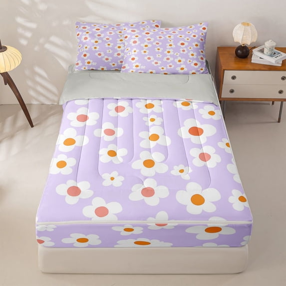 Homewish Purple Flower Zipper Twin Comforter Sets with Fitted Sheet and 2 Pillowcases,Cute Cartoon Themed Zipper Bedding Set,Light Gray Reversible,4pcs