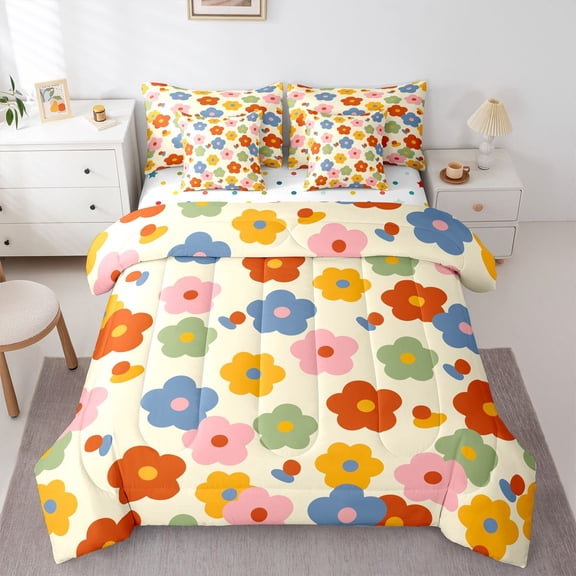Homewish Rainbow Cute Floral 7 Pieces Full Size Bedding Sets,Colorful Flowers Print Full Size Bed in a Bag,Yellow Red,Polkadot Reversible