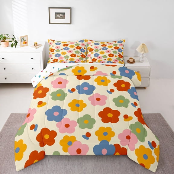 Homewish Rainbow Cute Floral Queen Comforter Set,Colorful Flowers Print Comforter Sets Queen,Yellow Red,Polkadot Reversible,3 Pieces,1 Comforter and 2 Pillowcases