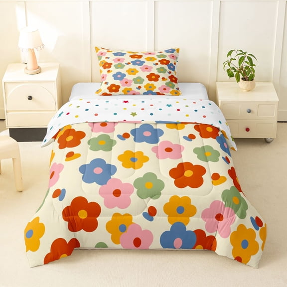 Homewish Rainbow Cute Floral Twin Comforter Sets,Colorful Flowers Print Bedding Set,Yellow Red,Polkadot Reversible,2pcs,1 Comforter and 1 Pillowcase
