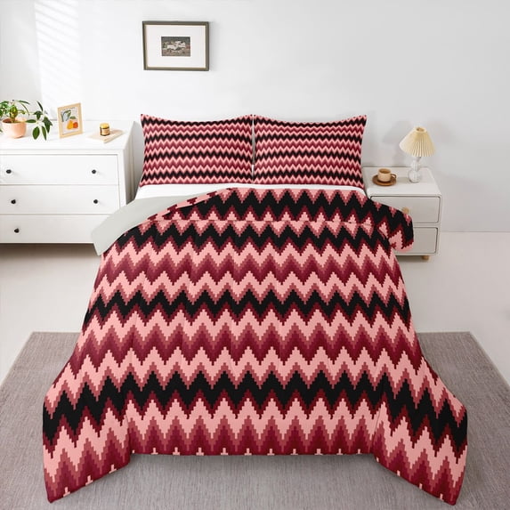 Homewish Red Black Boho Stripes Queen Comforter Set,Minimalist Tribal Geometric Comforter Sets Queen,Light Gray Reversible,3 Pieces,1 Comforter and 2 Pillowcases