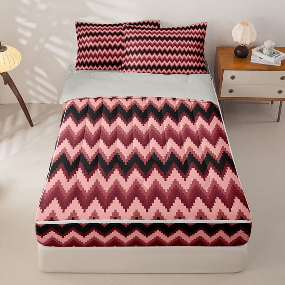 Homewish Red Black Boho Stripes Zipper Full Size Comforter Sets with Fitted Sheet and 2 Pillowcases,Minimalist Tribal Geometric Zipper Bedding Set,Light Gray Reversible,4pcs