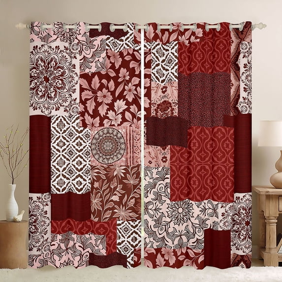 Homewish Red Bohemian Mandala Blackout Curtains,Patchwork Geometric Curtains Pack of 2 (42x84 Each)