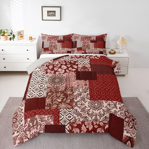Homewish Red Bohemian Mandala Full Size Comforter Sets,Patchwork Geometric Bedding Comforter Set,Light Gray Reversible,3-Piece,1 Comforter and 2 Pillowcases