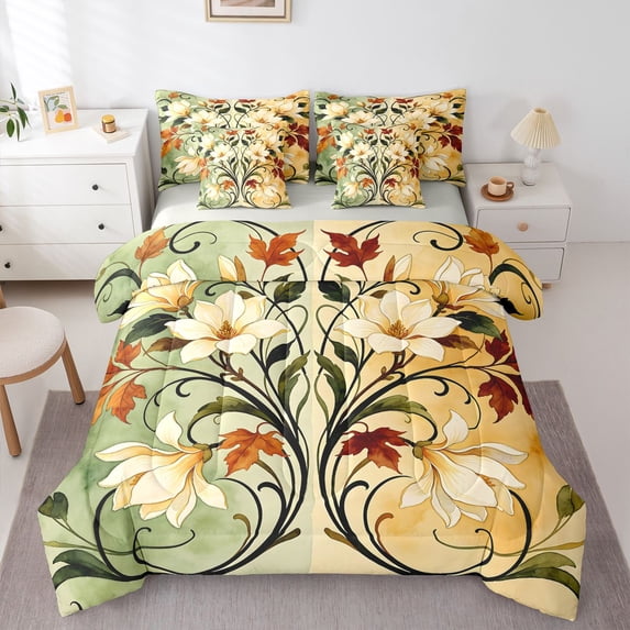 Homewish Retro Baroque Floral 7pcs Queen Bedding,Vintage Oil Painting Bedding Comforter Set Queen,Green Cream,Light Gray Reversible