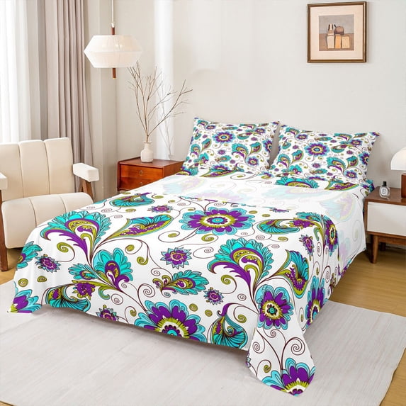 Homewish Retro Bohemian Flower Queen Sheets,Romantic Floral Queen Sheet Sets,Purple,4pcs,1 Flat Sheet, 1 Fitted Sheet and 2 Pillowcases