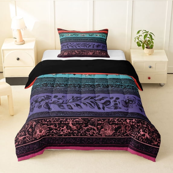 Homewish Retro Bohemian Flowers Twin Comforter Sets,Geometric Stripes Bedding Set,Red,Black Reversible,2-Piece,1 Comforter and 1 Pillowcase