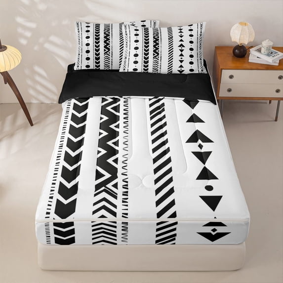 Homewish Retro Bohemian Geometric Zipper Twin Comforter Sets with Fitted Sheet and 2 Pillowcases,Boho Exotic Style Zipper Bedding Set,White,Black Reversible,4pcs