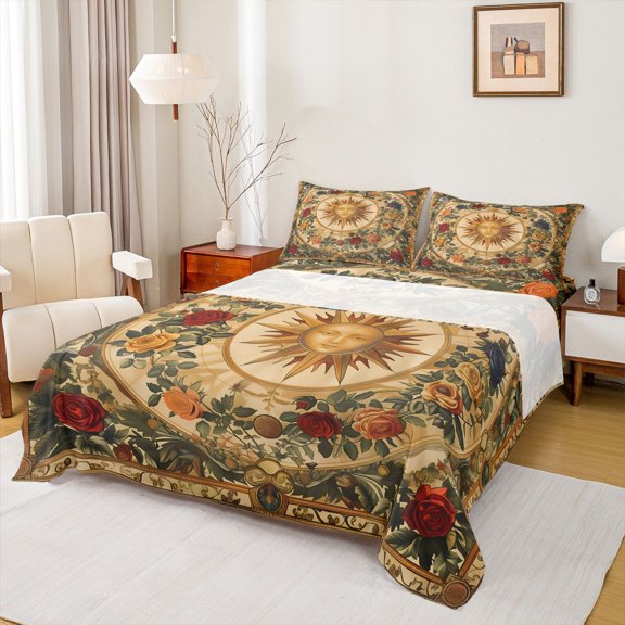 Homewish Retro Bohemian Sun Bed Sheets,Vintage Floral Full Size Sheets,Gold Red,4pcs,1 Flat Sheet, 1 Fitted Sheet and 2 Pillowcases